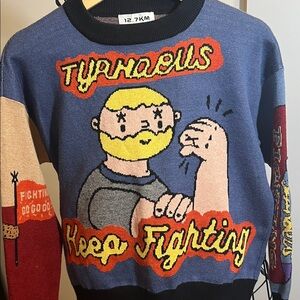 Blue Graphic Tyakasha “keep fighting” Crewneck Sweater for Men